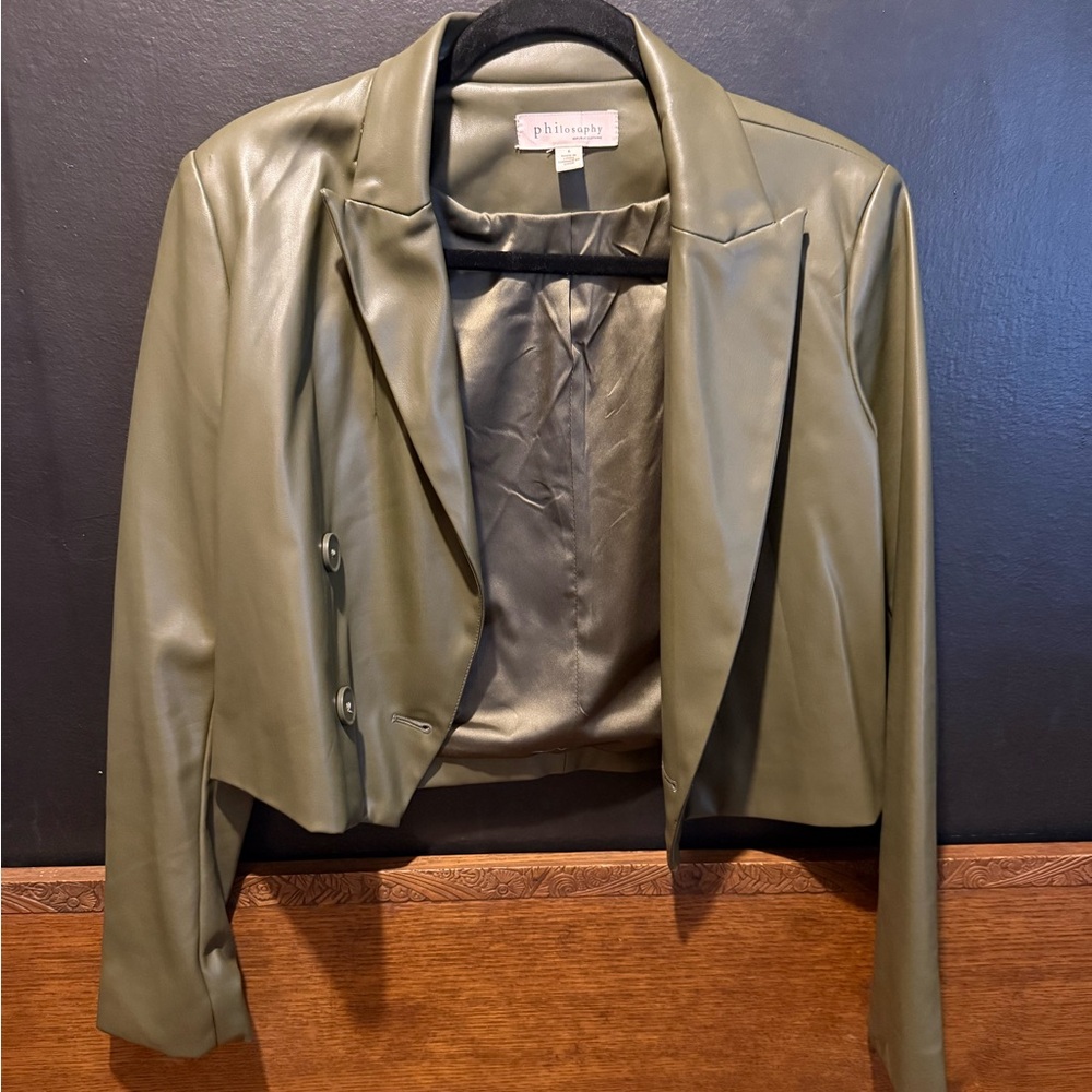 Philosophy Olive Green Faux Leather Cropped Jacket